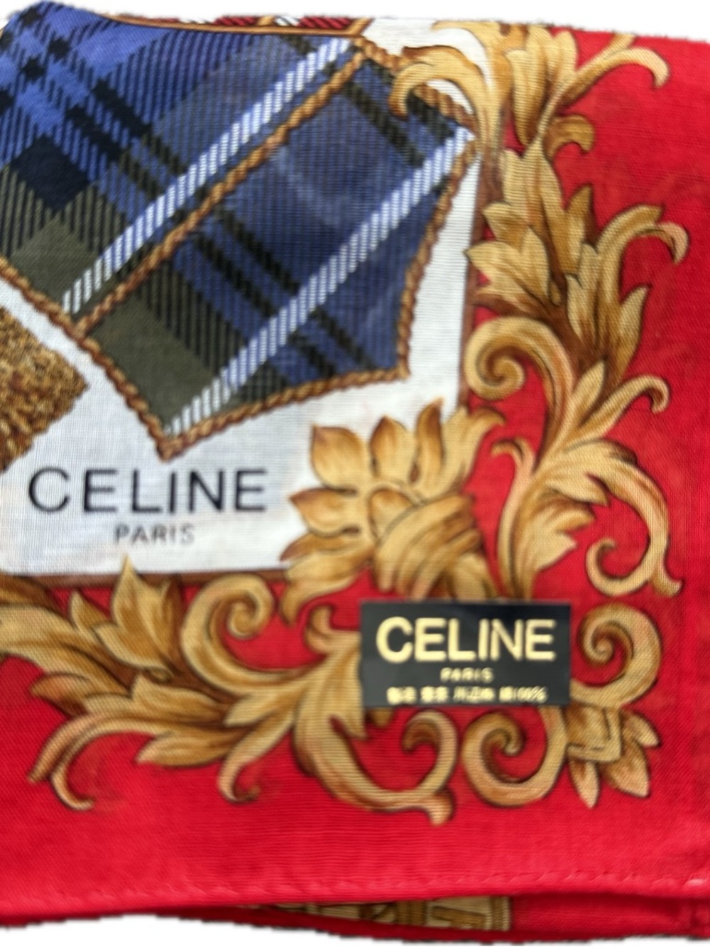 Celine Vintage NWT Red Silk/Cotton Scarf with vibrant Red & Gold Baroque Motif